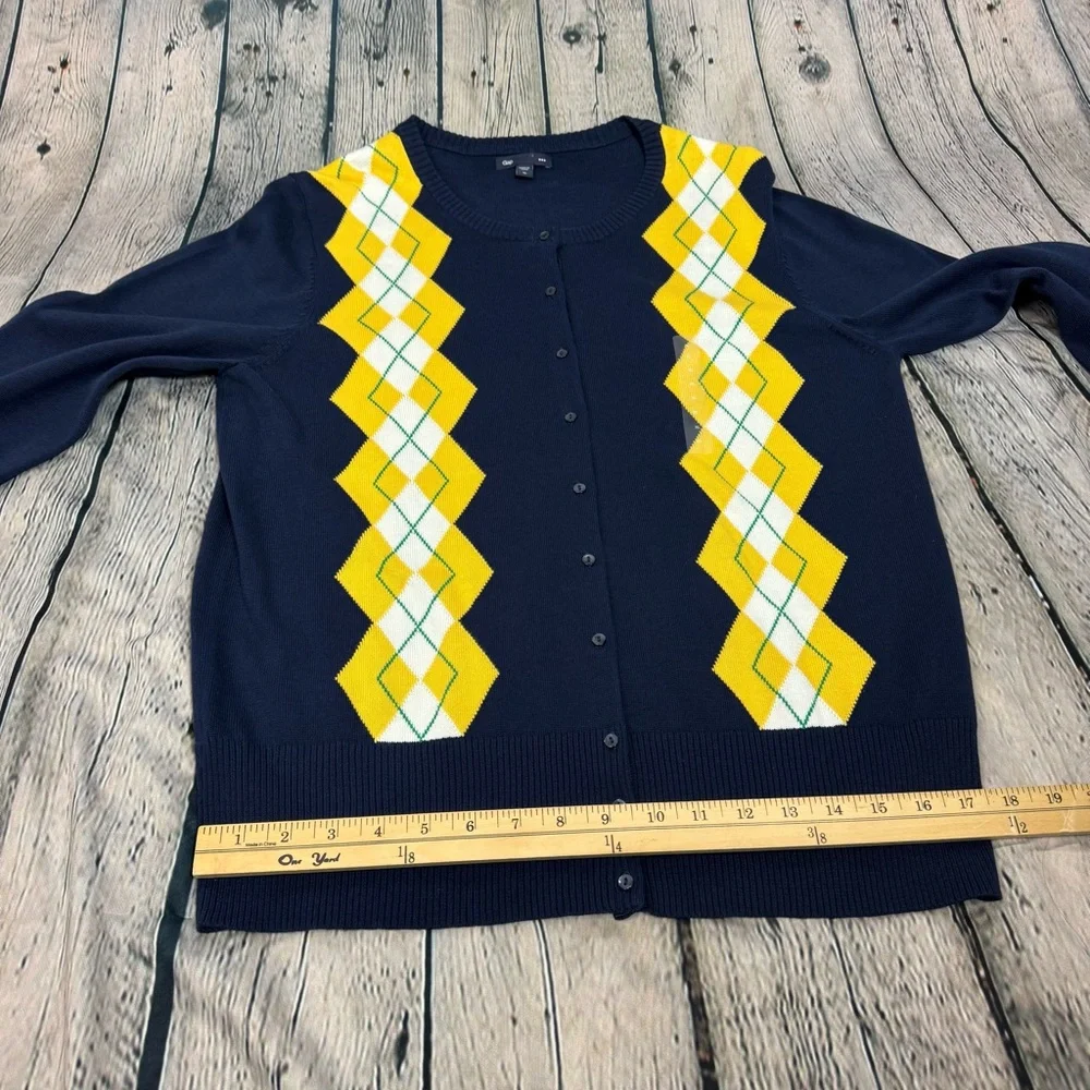 Gap NWOT Navy Button Down Caridigan Yellow Green Argyle Diamond Y2K Preppy Sz XL - Picture 10 of 12